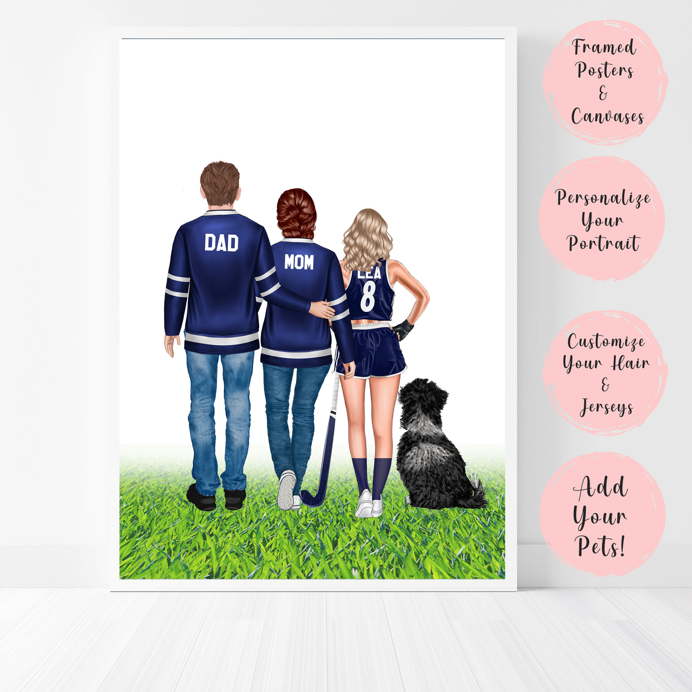 Custom Field Hockey Family Portrait: Perfect Gift for Hockey Enthusiasts, Personalized Hockey Artwork, Ideal for Hockey Moms & Coaches, Ice Hockey Decor, Hockey Lover Gift